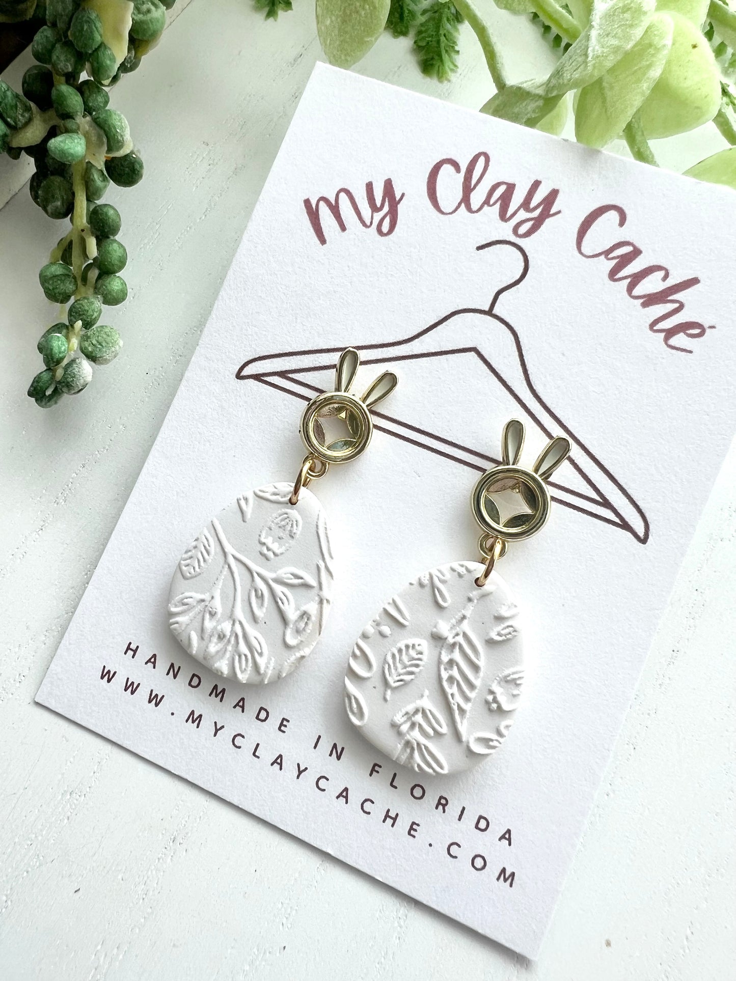 White Boho Egg Dangle with Bunny Post