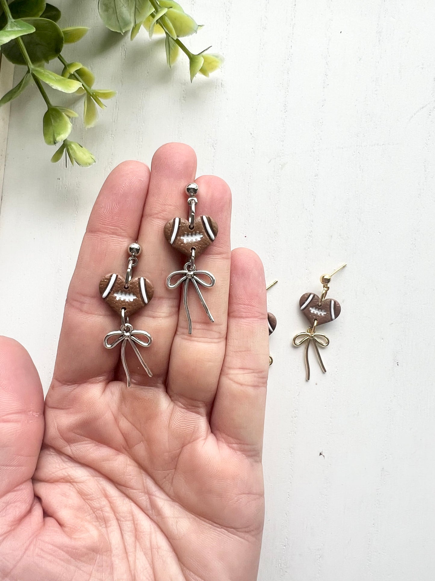 Dainty Football Heart Bow Dangles