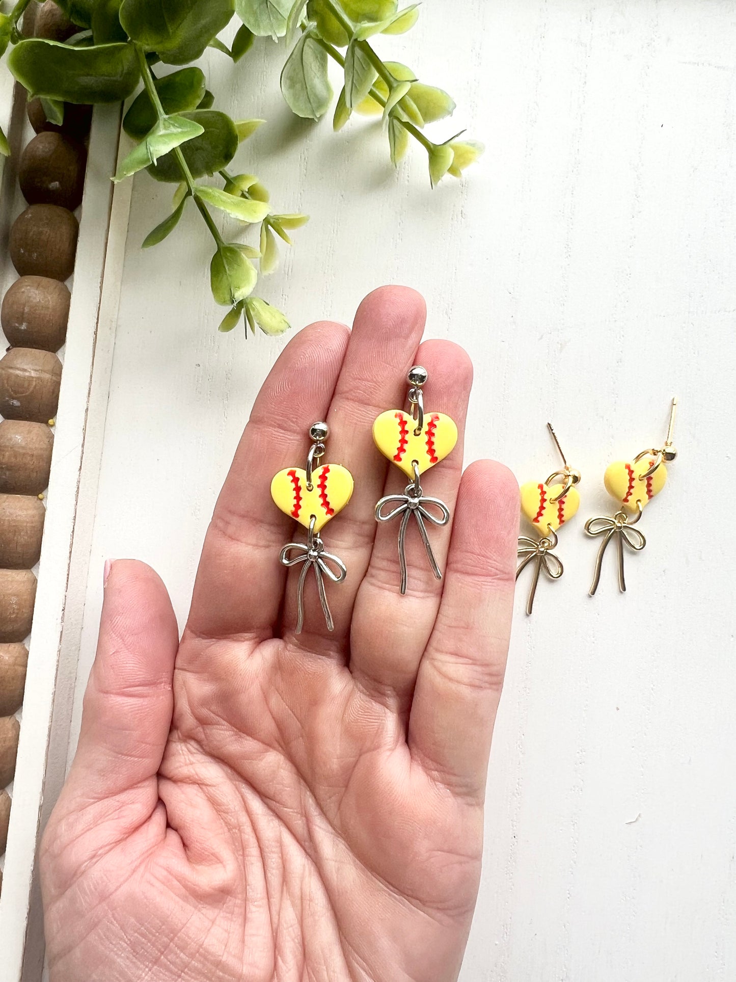 Dainty Softball Heart Bow Dangles