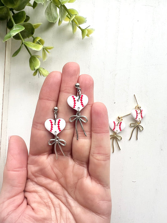 Dainty Baseball Heart Bow Dangles