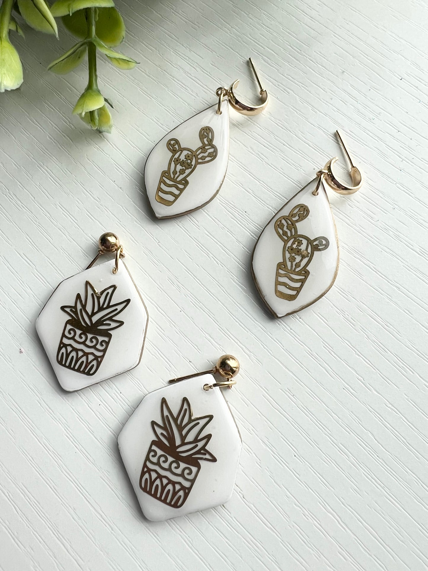 White and Gold Plant Statement Earrings