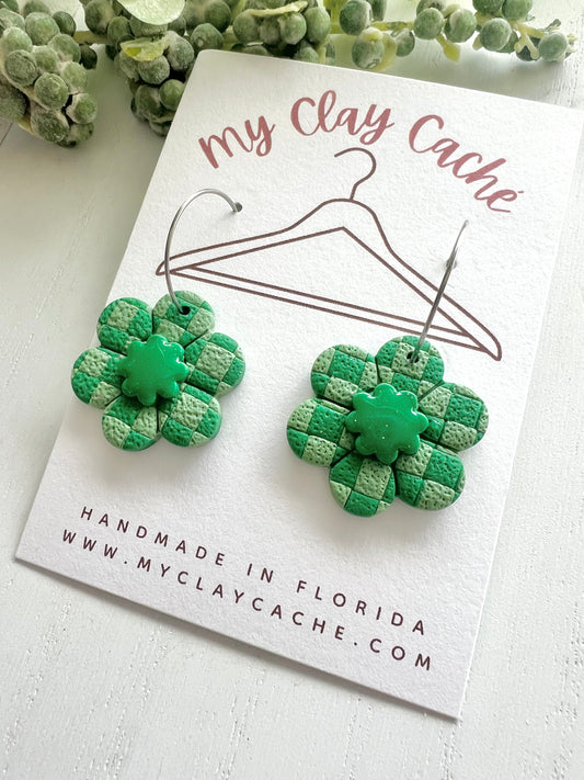 Green Checkered Flower Hoops