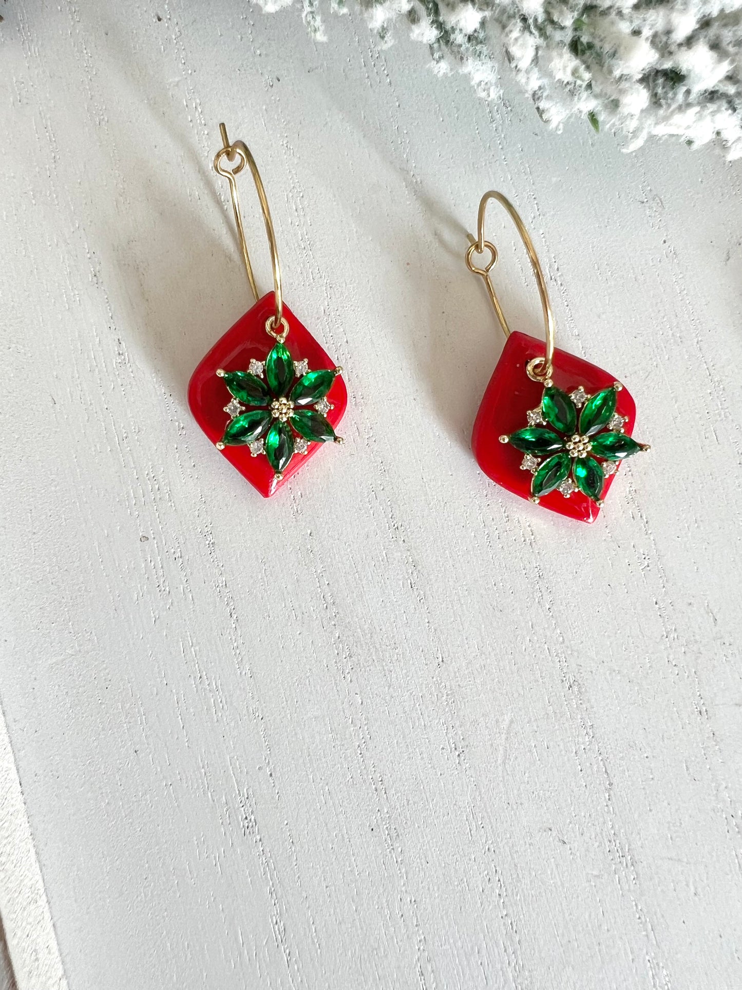 Green Poinsettia Charm Hoops