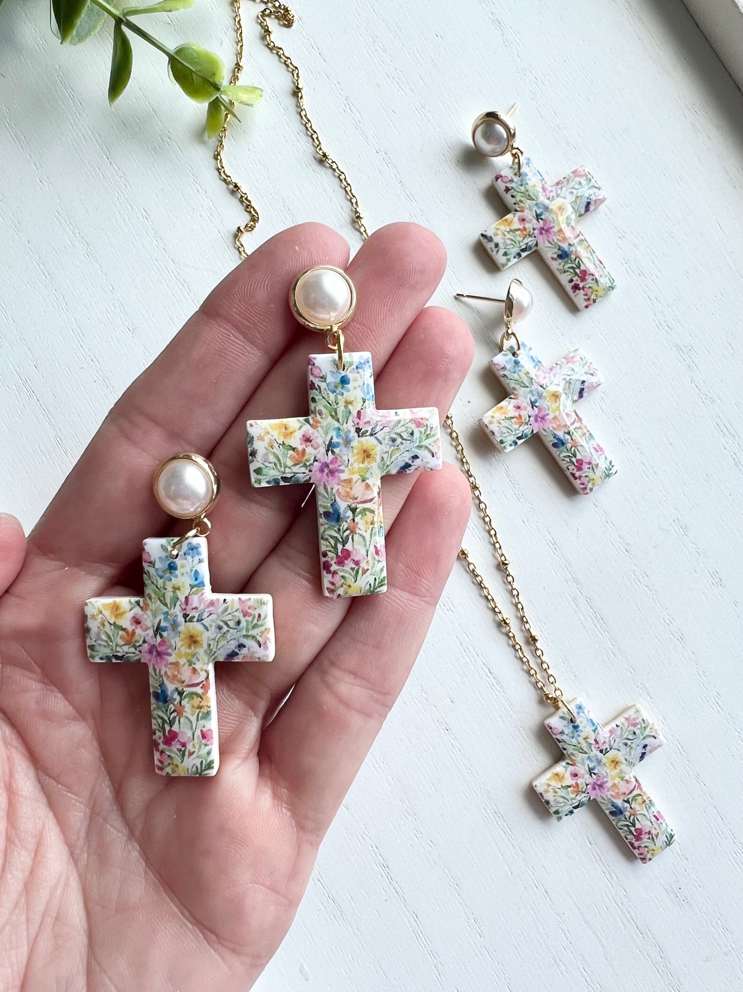 Floral Cross Earrings and Necklace