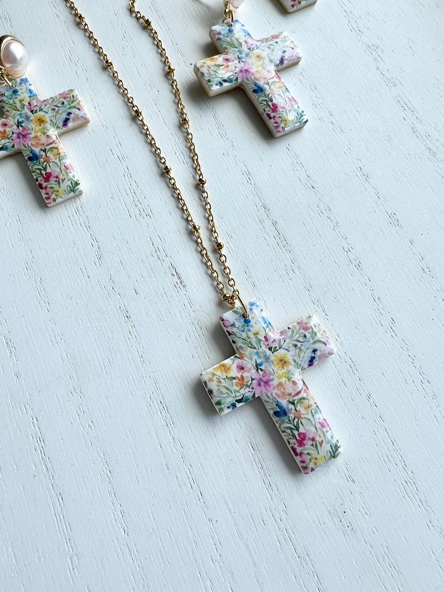 Floral Cross Earrings and Necklace