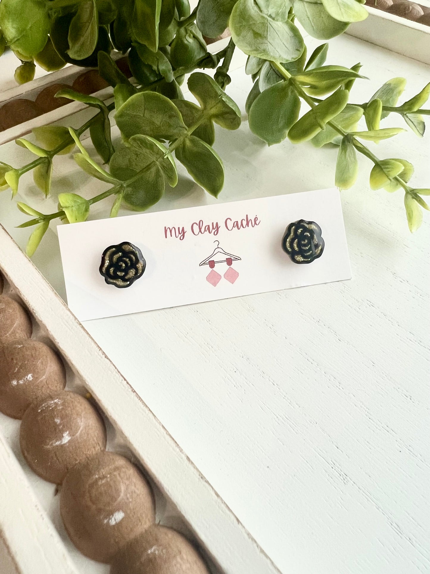Black and Gold Rose Studs