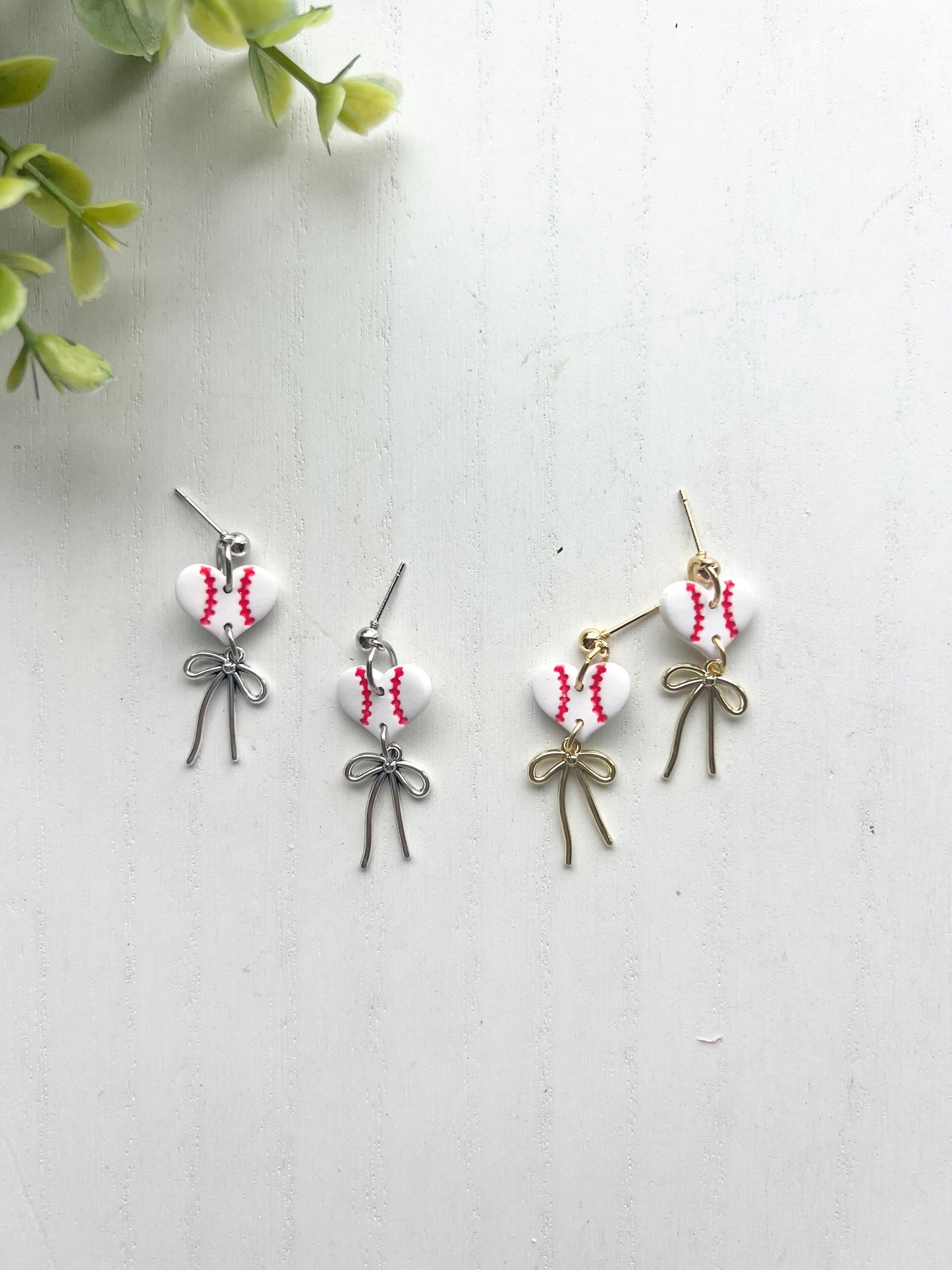 Dainty Baseball Heart Bow Dangles