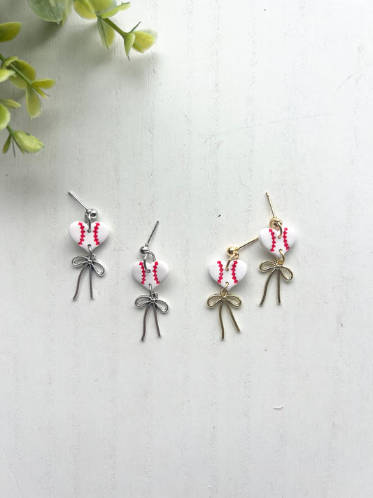 Dainty Baseball Heart Bow Dangles