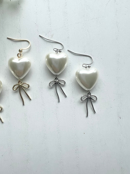 Pearl Heart Bow Dangles