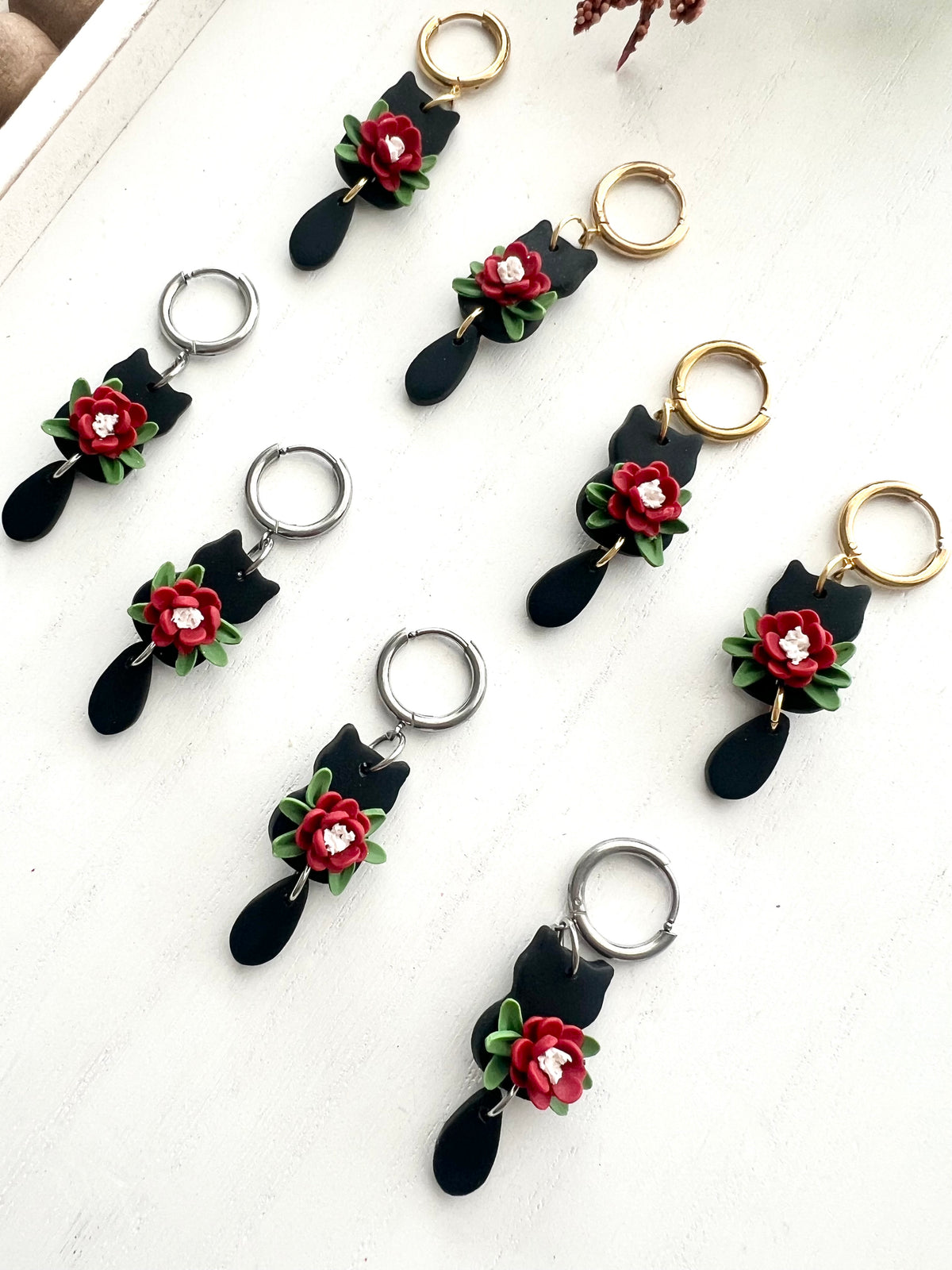 Black Cat Floral Dangles