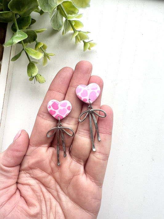 Pink Heart Print Bow Charm Dangles