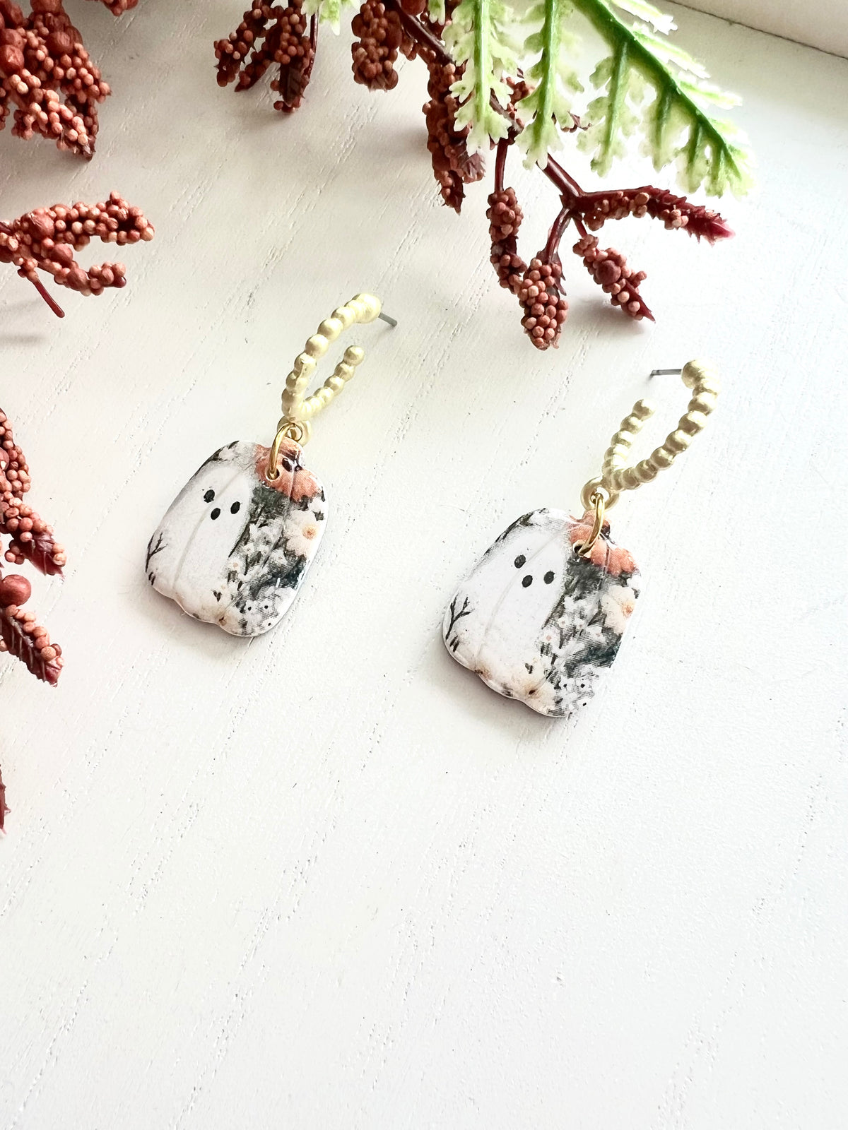 Floral Ghost Pumpkin Huggie Hoops