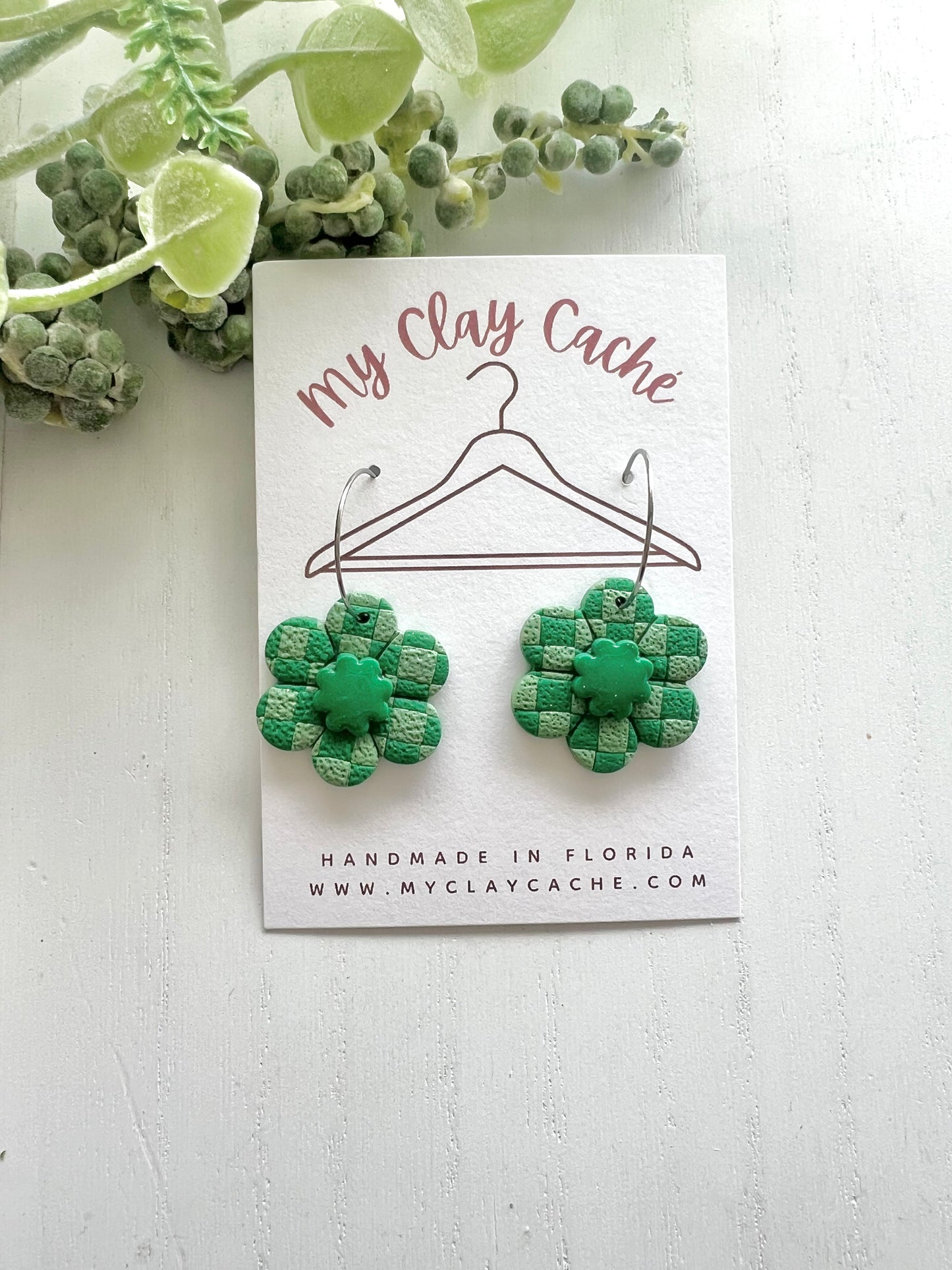 Green Checkered Flower Hoops