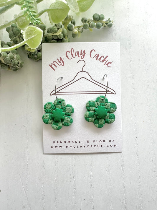 Green Checkered Flower Hoops
