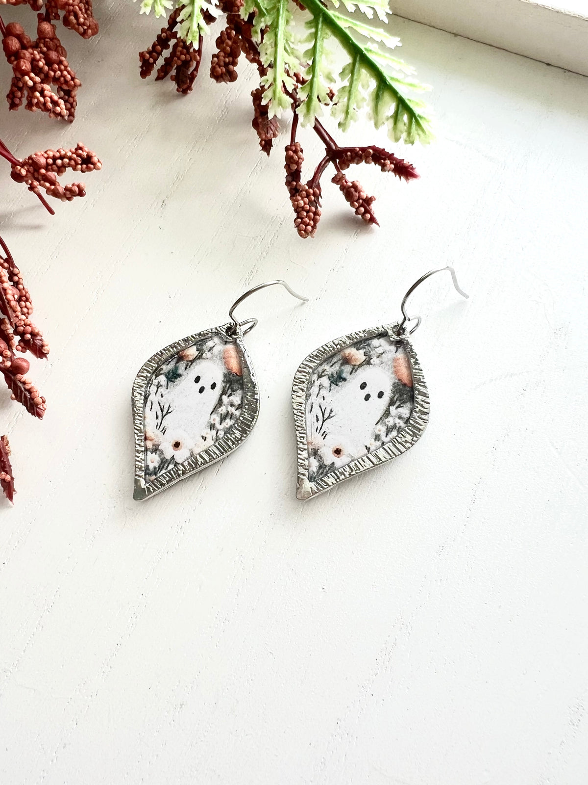 Floral Ghost Silver Drop Dangles
