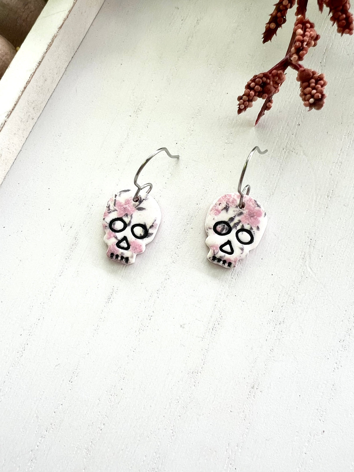 Dainty Pink Floral Print Skull Dangles