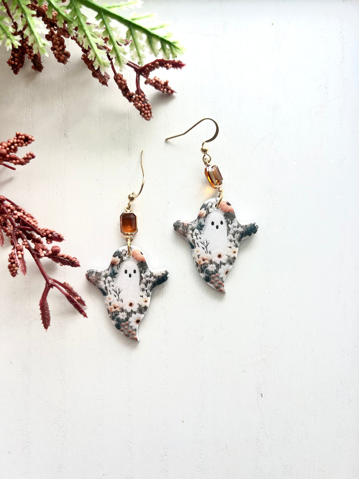 Floral Ghost Dangles with Glass Charm