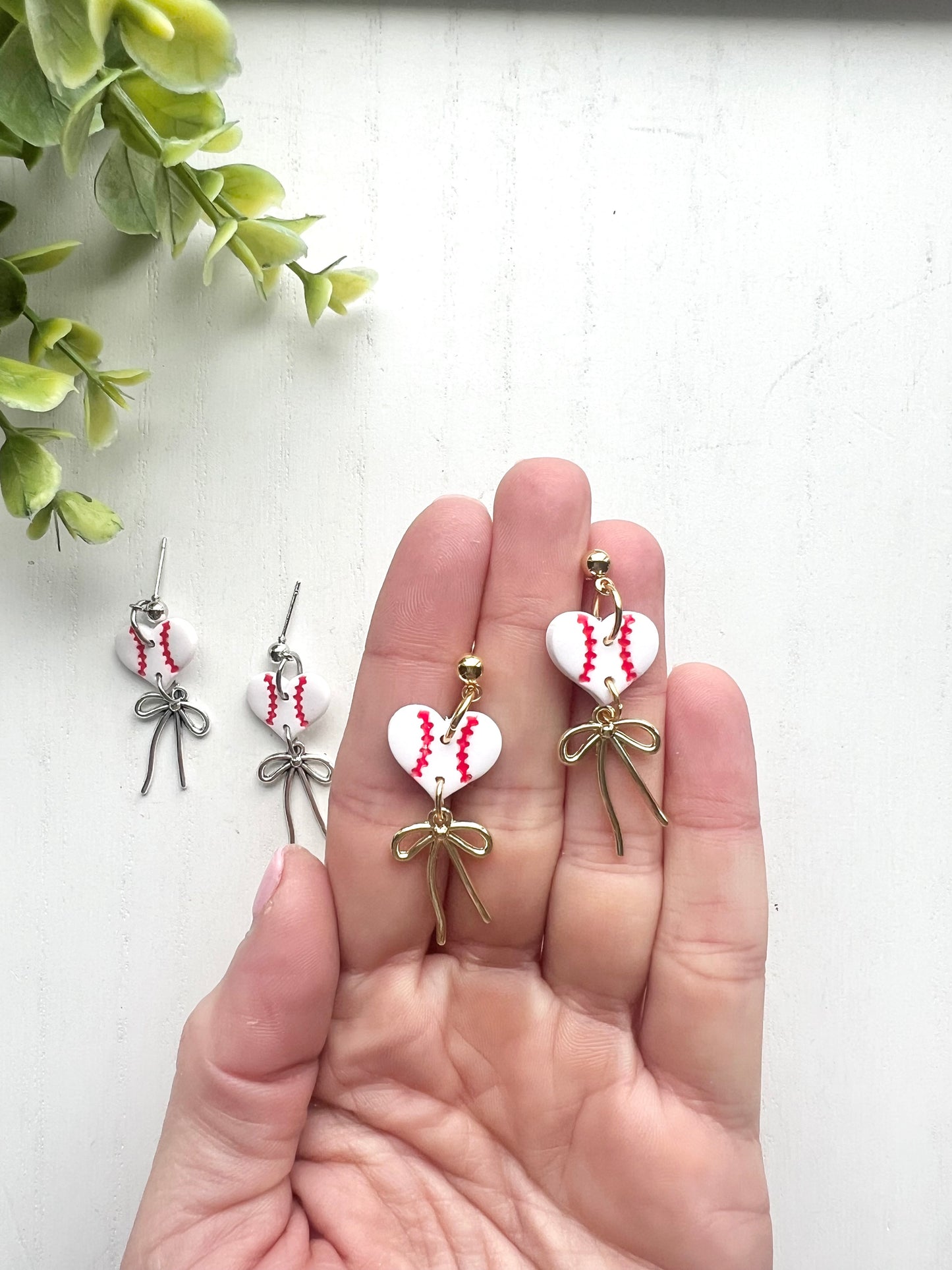Dainty Baseball Heart Bow Dangles
