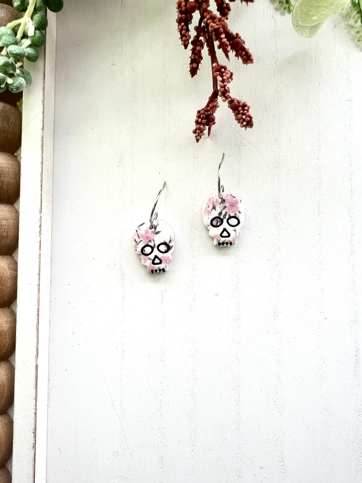 Dainty Pink Floral Print Skull Dangles