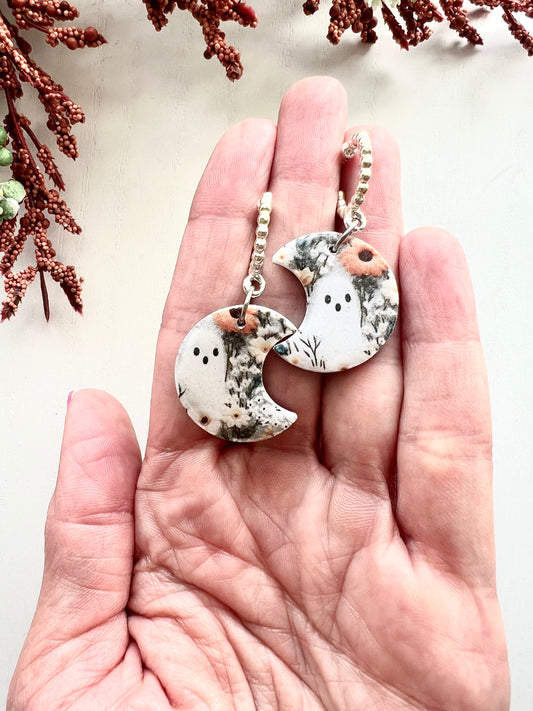 Dainty Floral Silver Hoop Ghost Moons