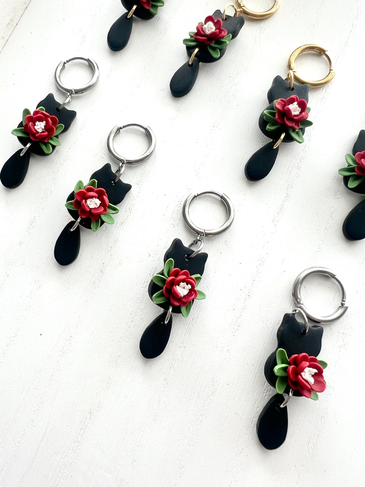 Black Cat Floral Dangles
