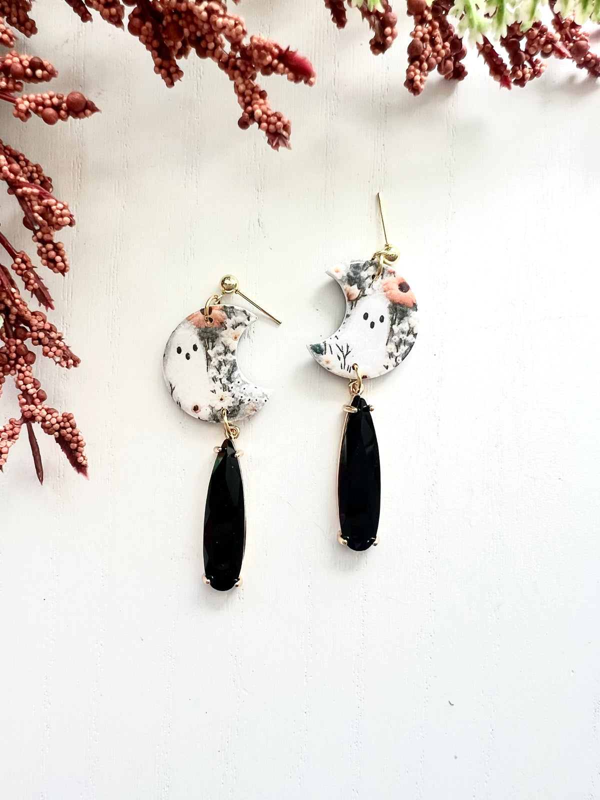 Floral Gold Ghost Moons with Black Glass Charm