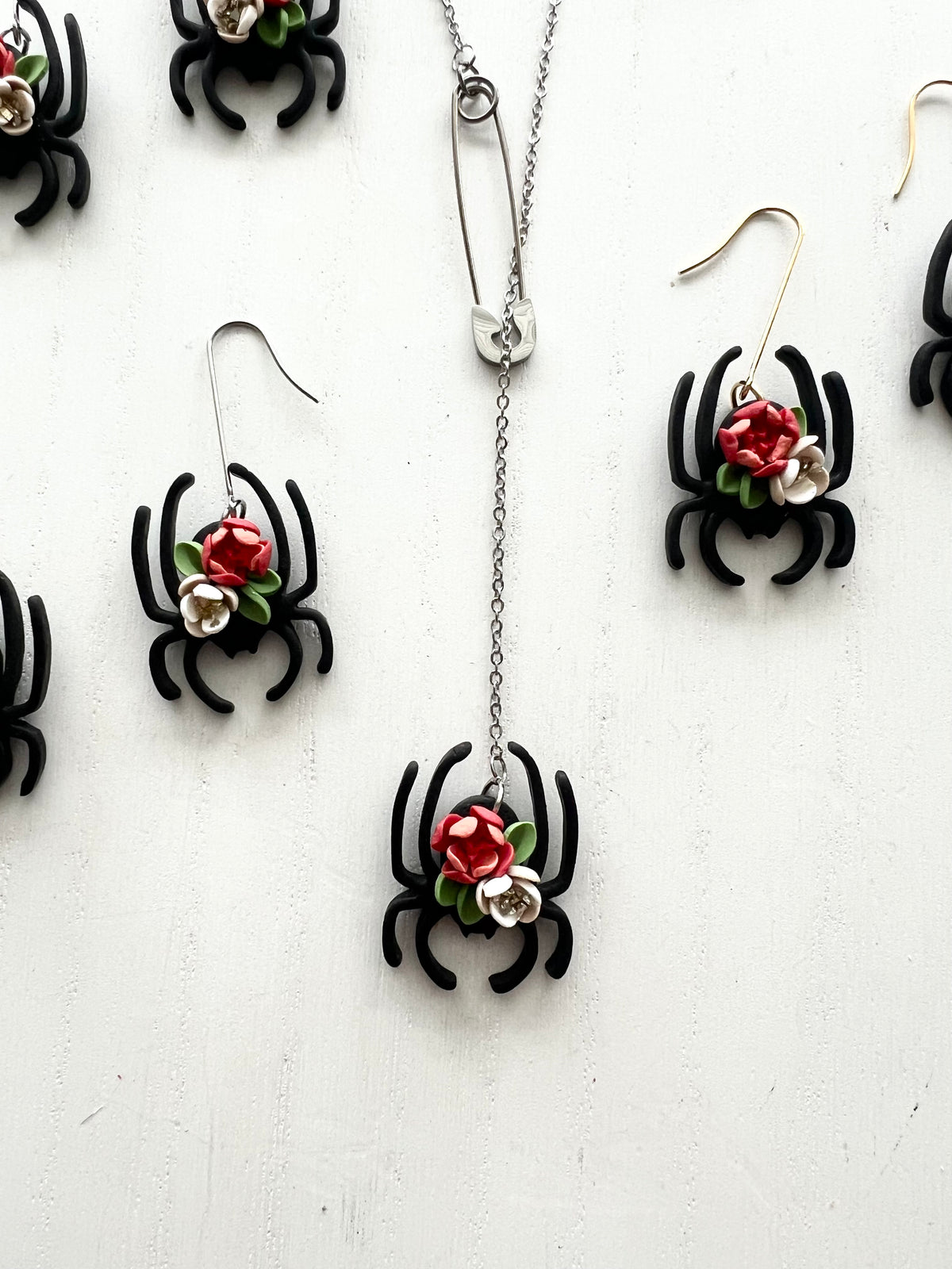 Floral Black Widow Spider Dangles and Necklaces