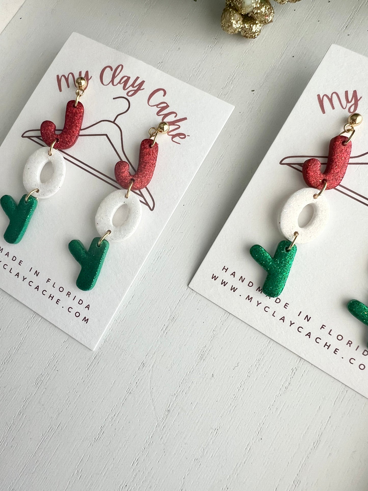 Red/White/Green JOY Glitter Dangles