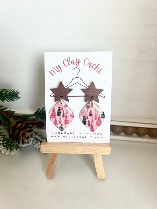Pink Christmas Tree Print Dangles