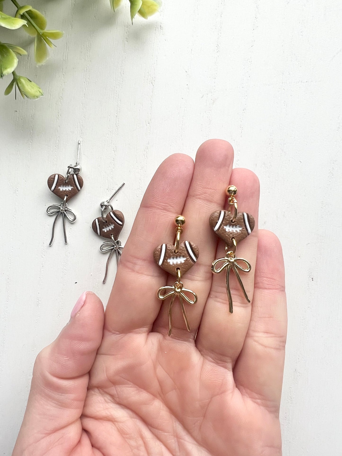 Dainty Football Heart Bow Dangles