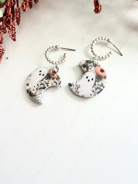 Dainty Floral Silver Hoop Ghost Moons