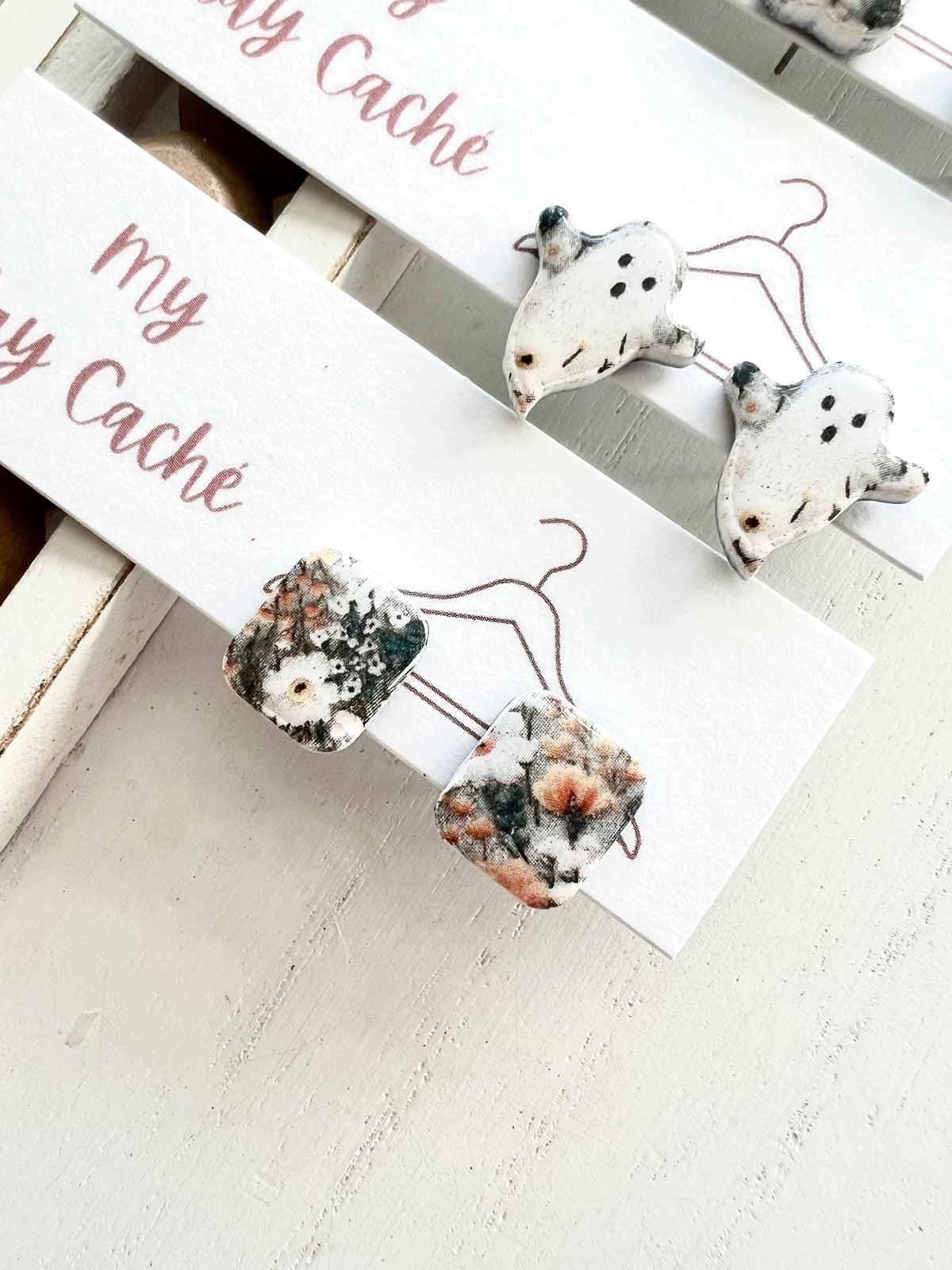 Spooky Cute Floral Ghost Print Studs