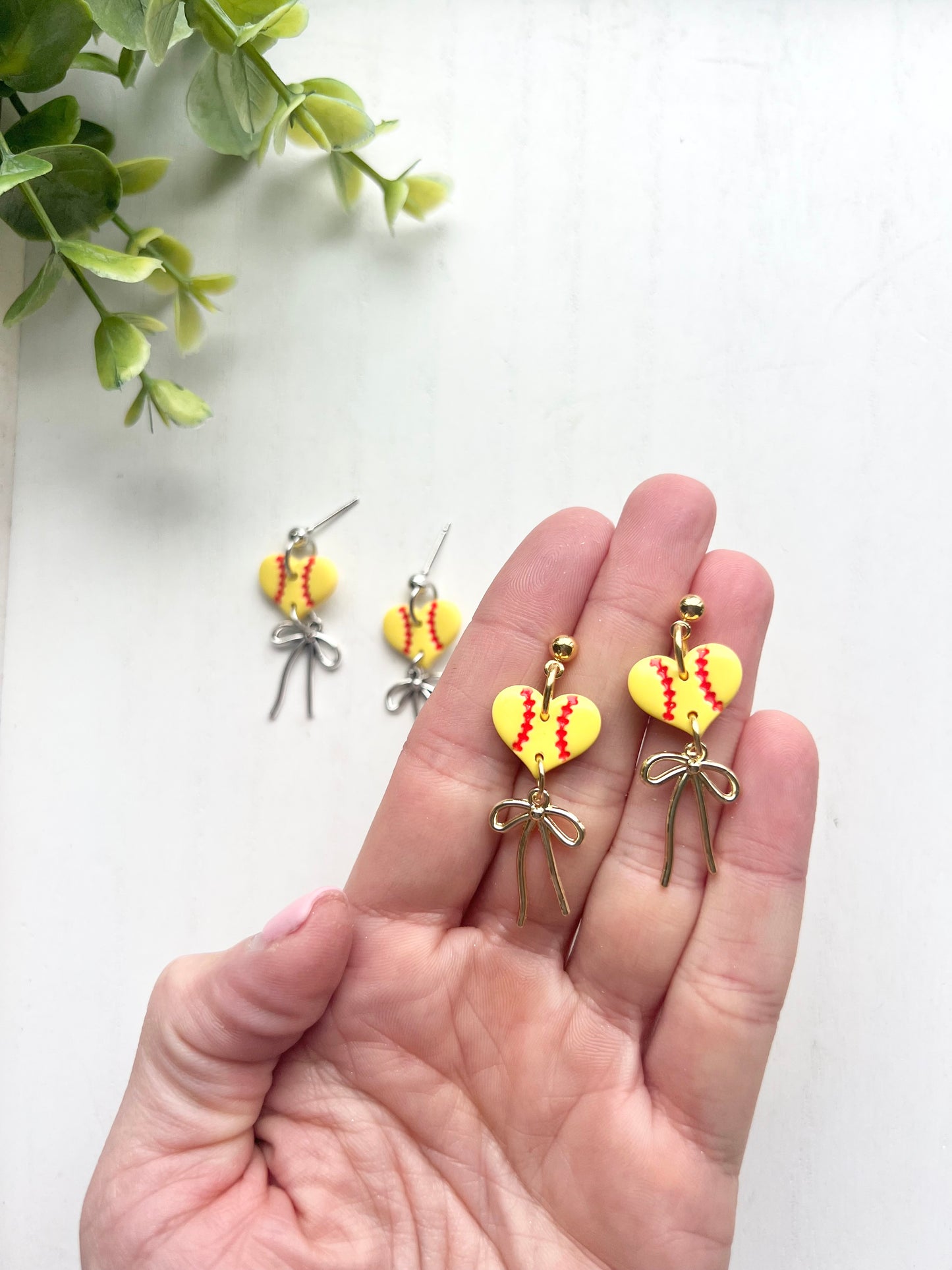 Dainty Softball Heart Bow Dangles