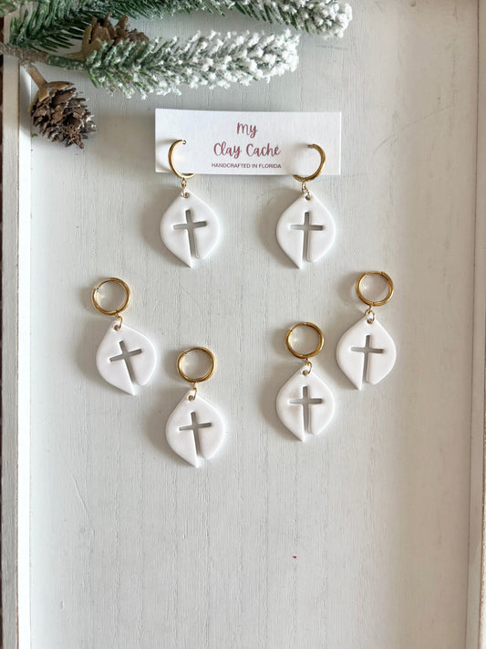 White Cross Huggie Hoop Dangles