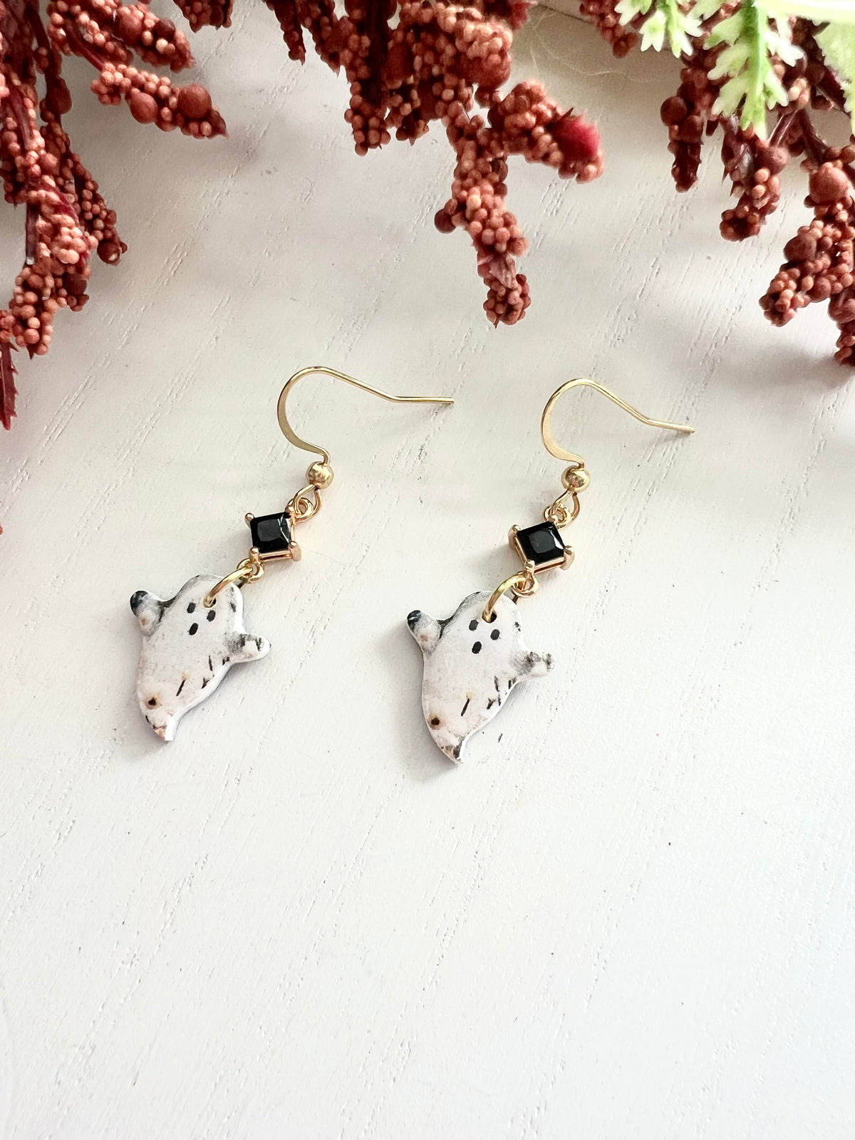 Dainty Floral Ghost Dangles with Black Glass Charm