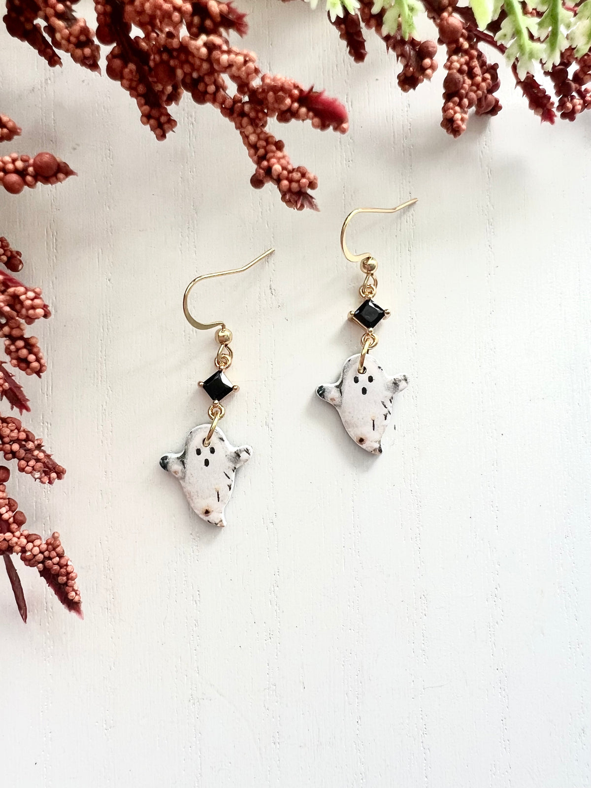 Dainty Floral Ghost Dangles with Black Glass Charm