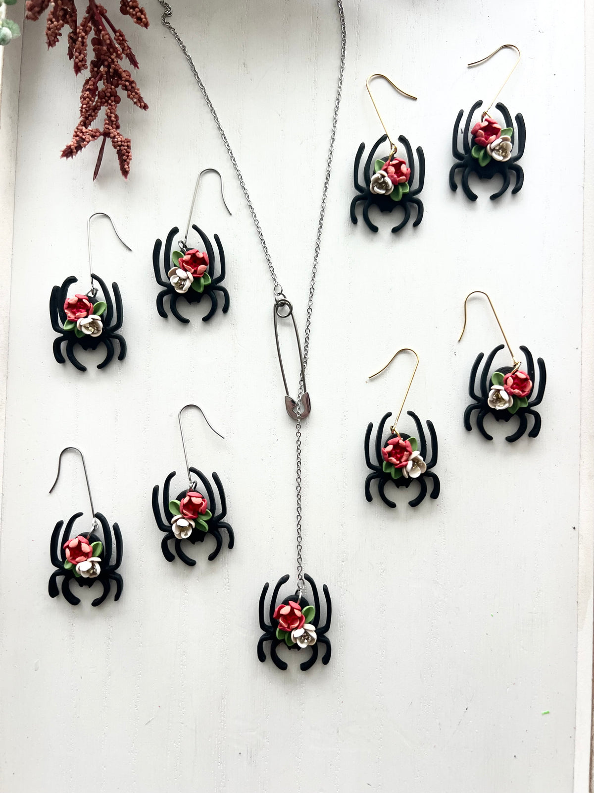 Floral Black Widow Spider Dangles and Necklaces