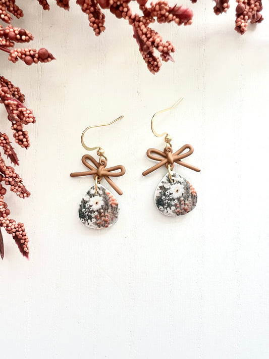 Dainty Fall Floral Brown Bow Dangles