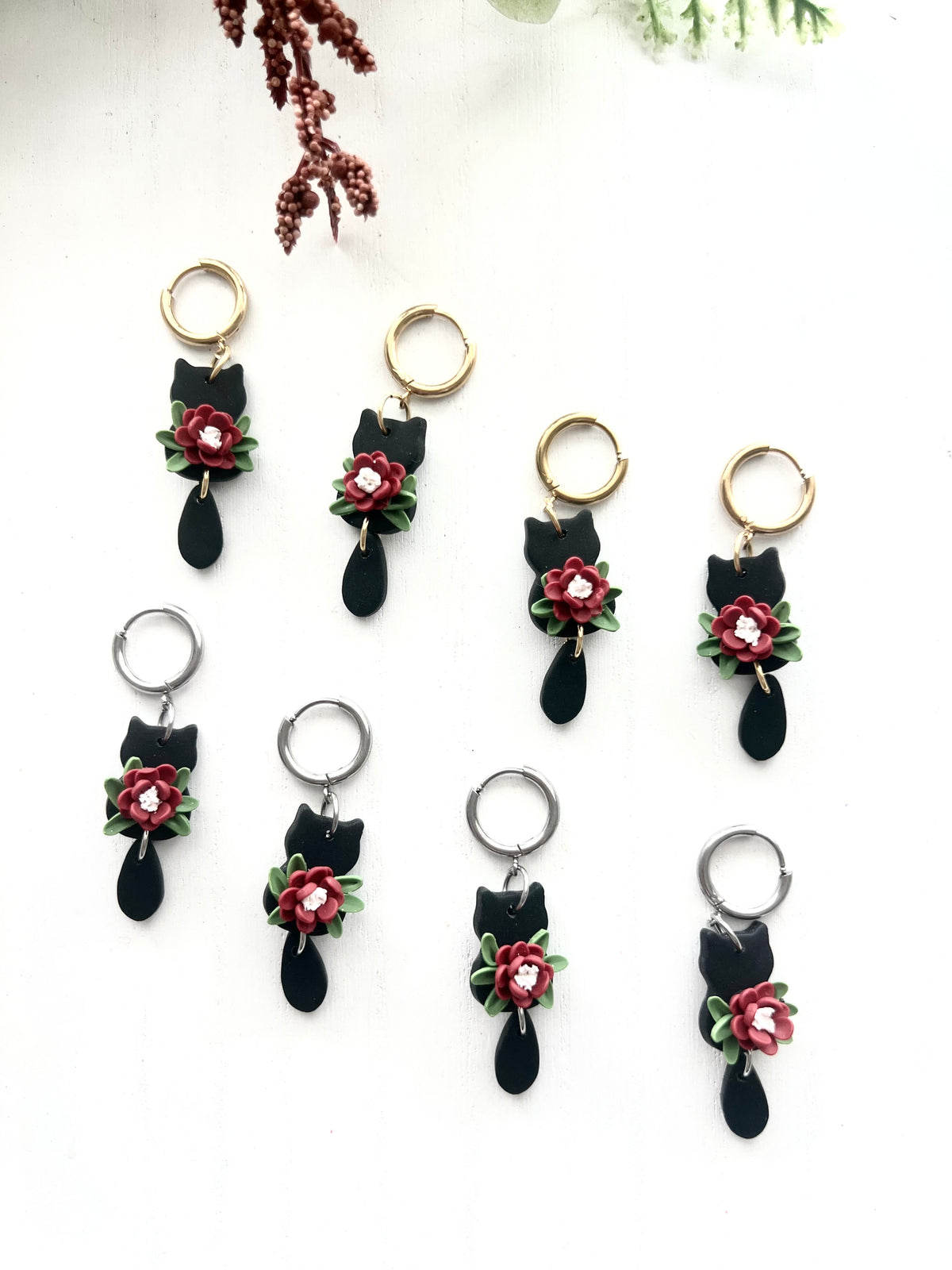 Black Cat Floral Dangles