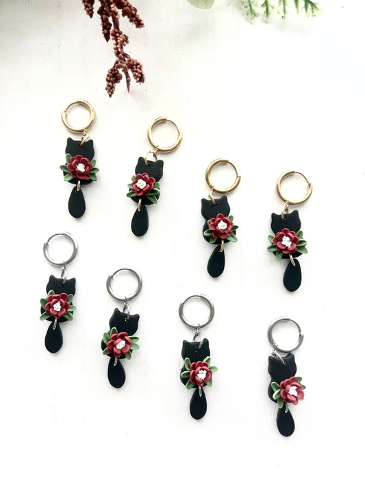 Black Cat Floral Dangles