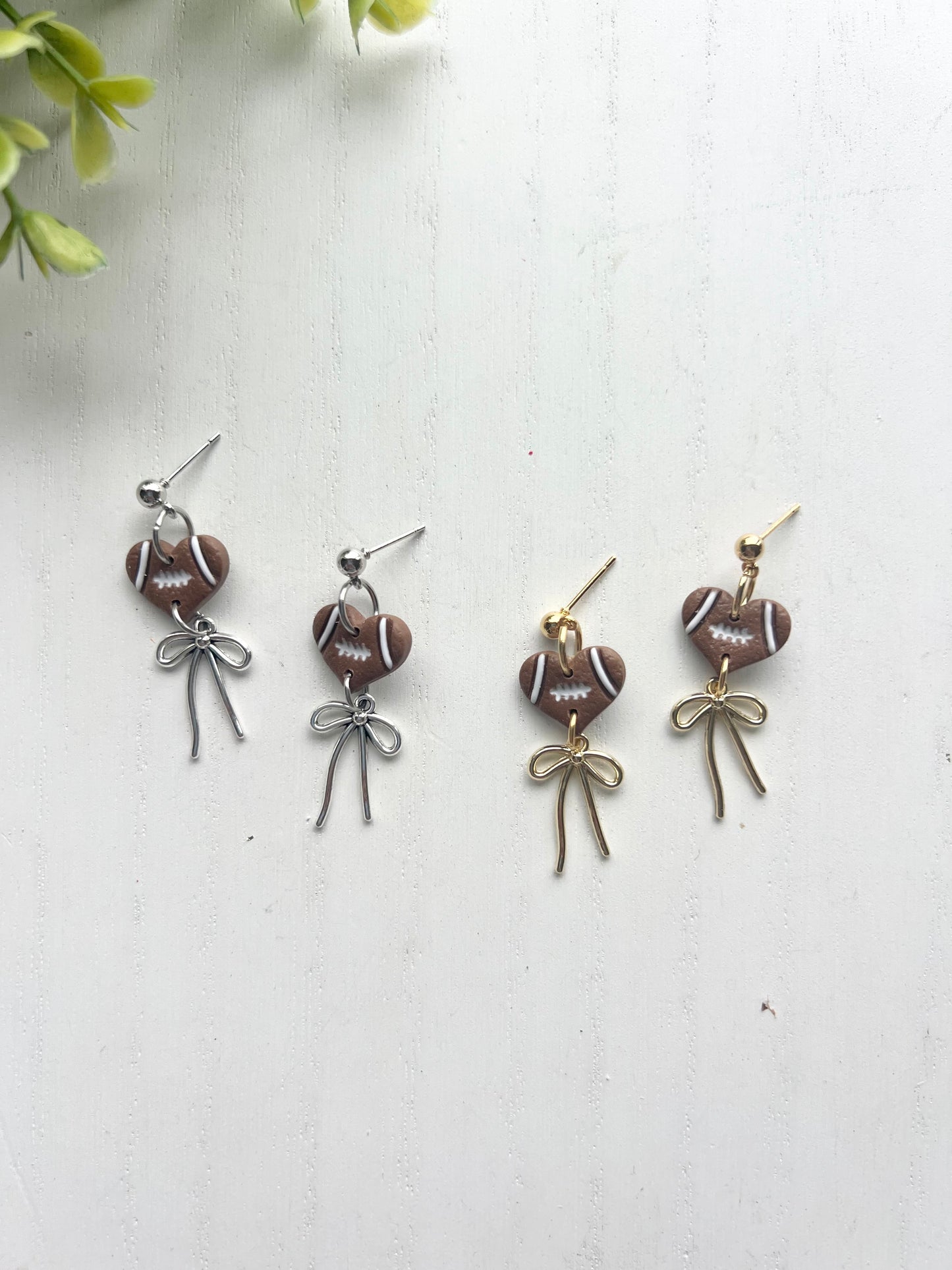 Dainty Football Heart Bow Dangles