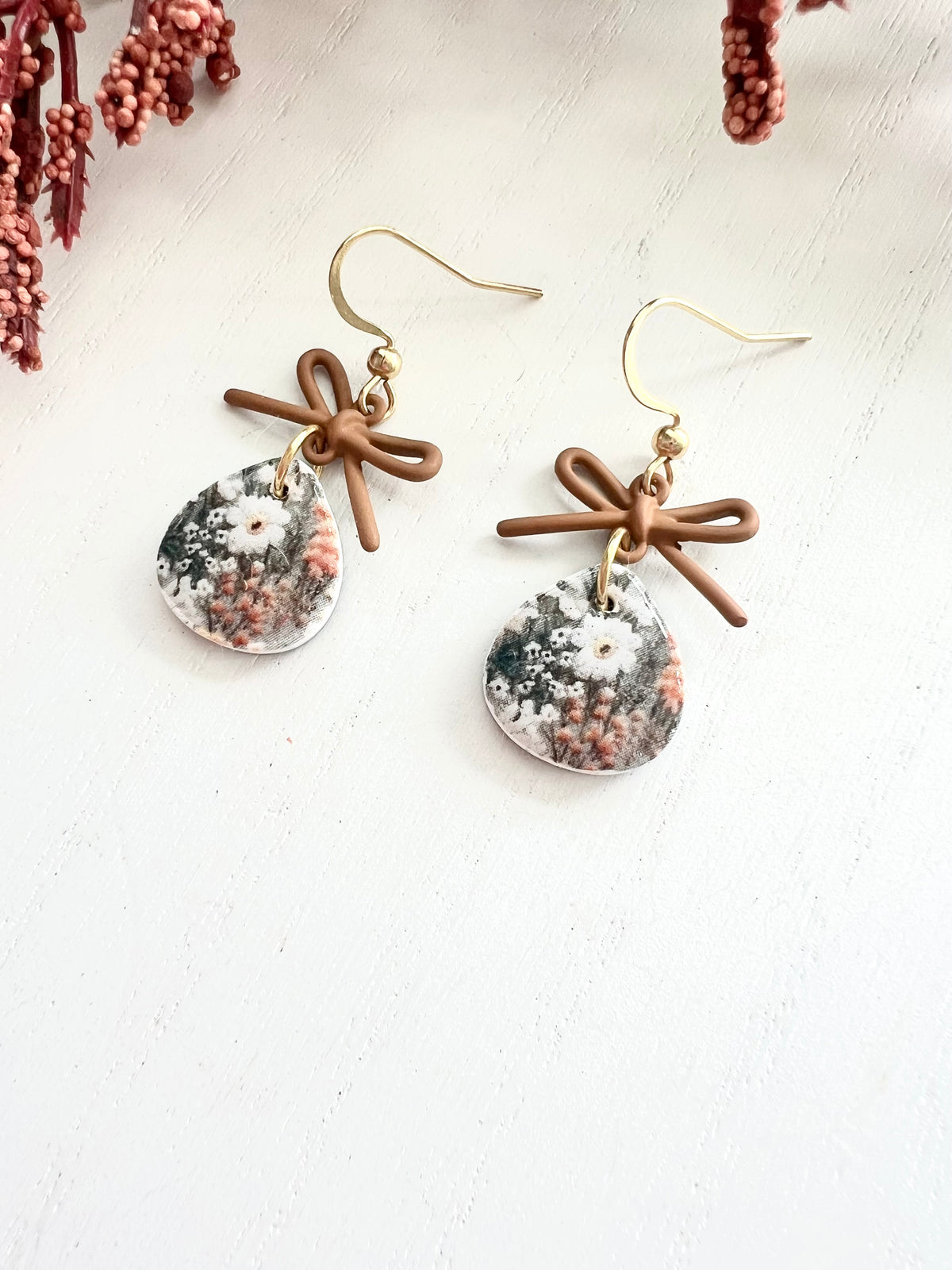 Dainty Fall Floral Brown Bow Dangles