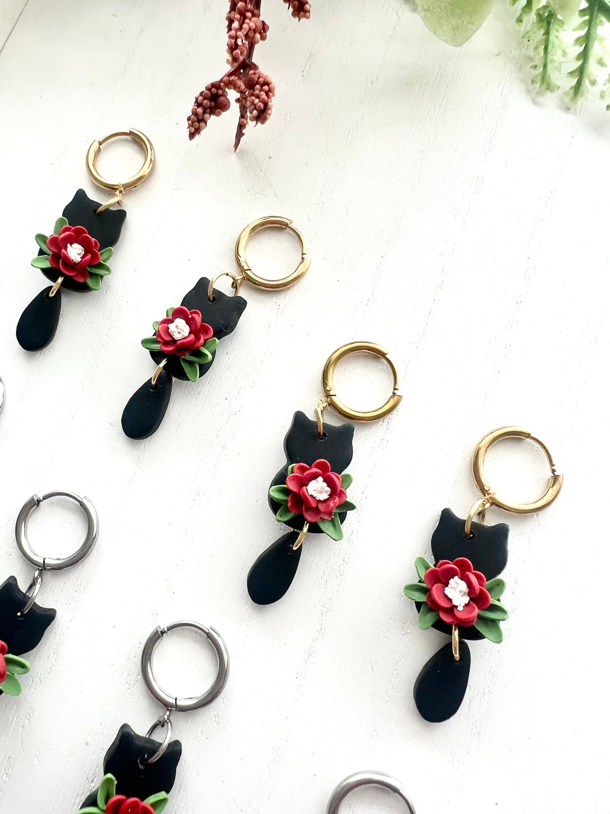 Black Cat Floral Dangles