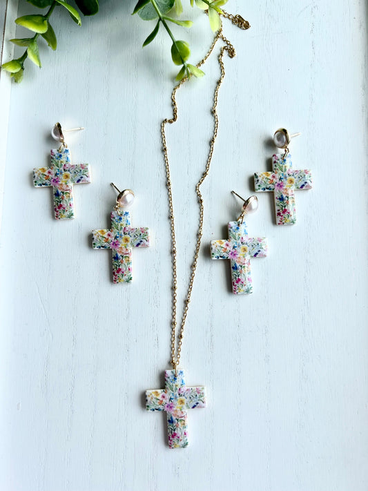 Floral Cross Earrings and Necklace