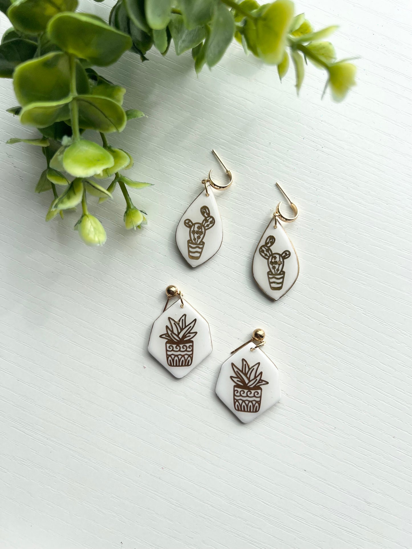 White and Gold Plant Statement Earrings
