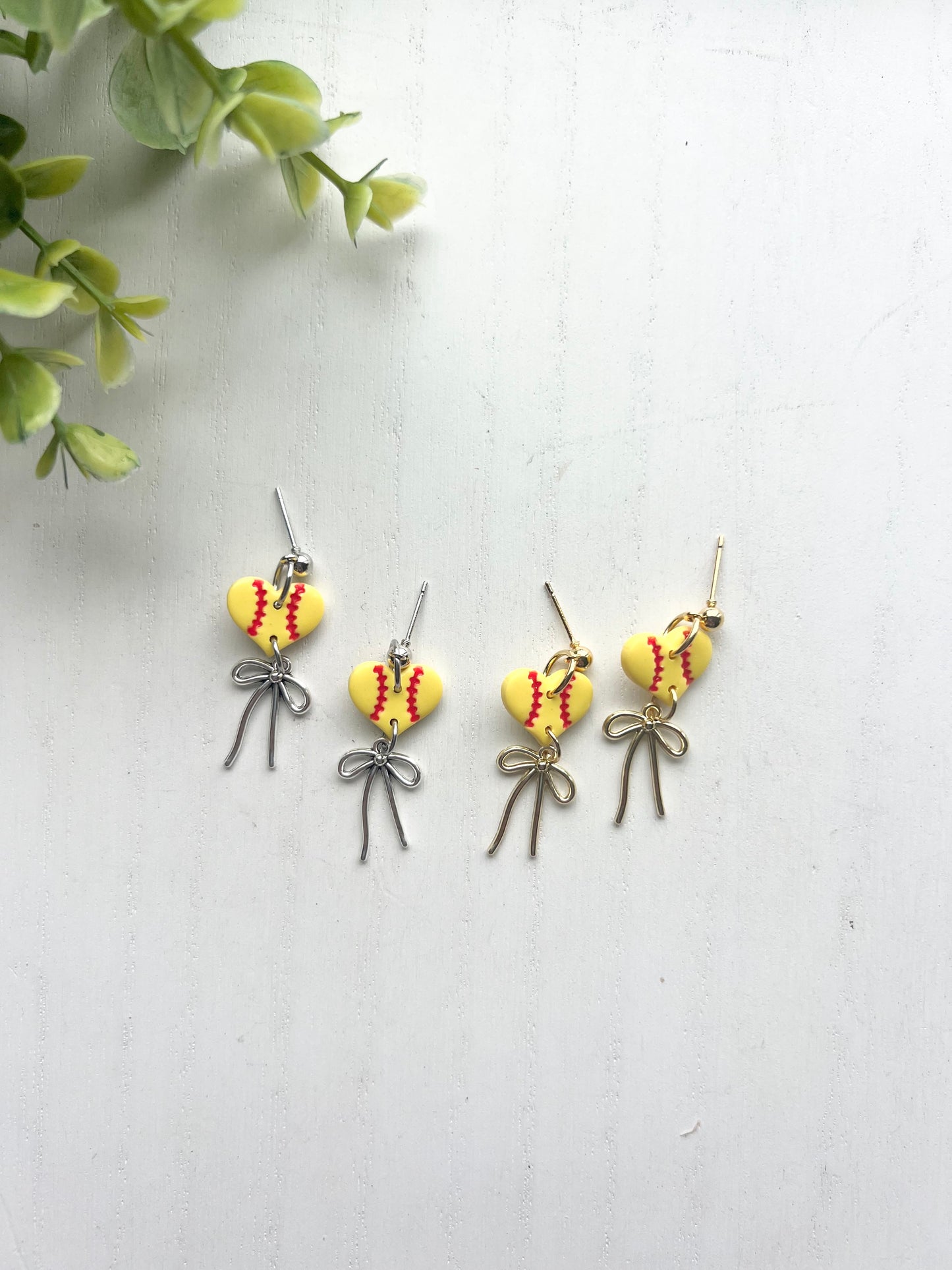 Dainty Softball Heart Bow Dangles