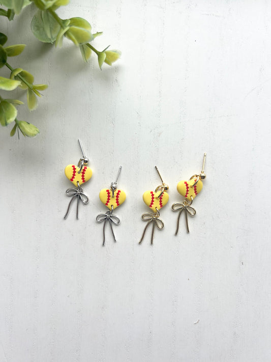 Dainty Softball Heart Bow Dangles