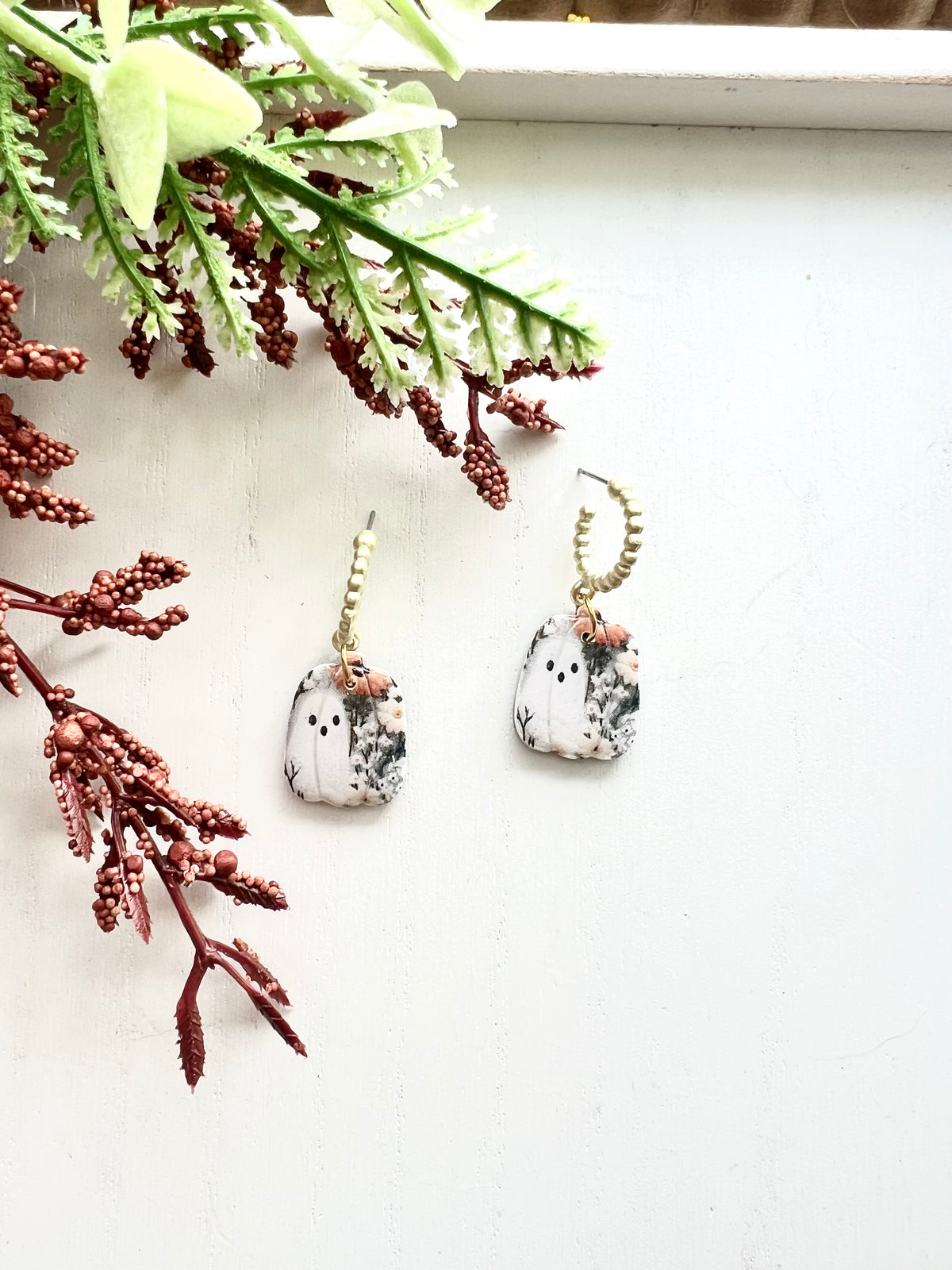Floral Ghost Pumpkin Huggie Hoops