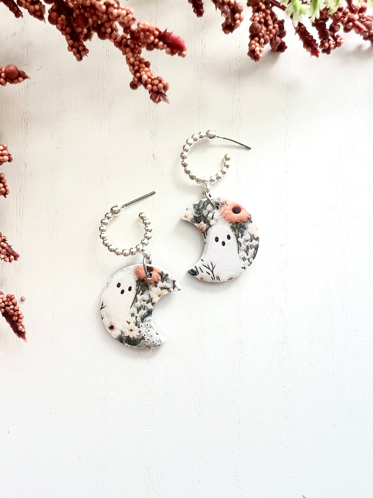 Dainty Floral Silver Hoop Ghost Moons