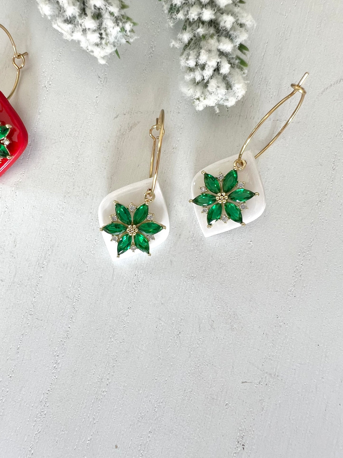Green Poinsettia Charm Hoops